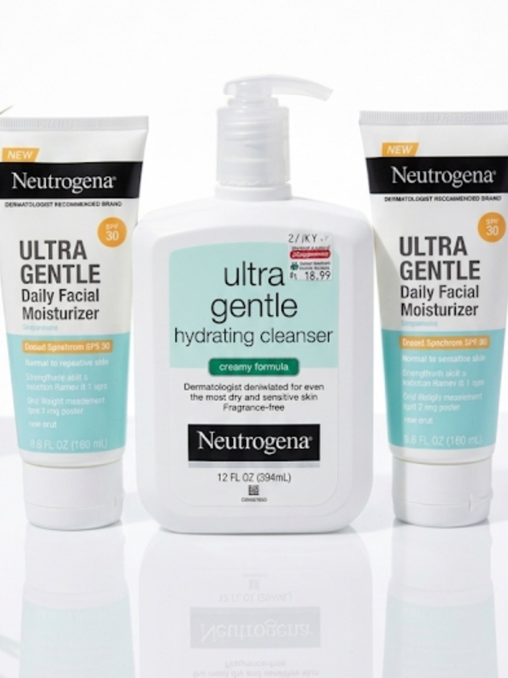 Neutrogena Ultra Gentle Hydrating Cleanser CREAMY 12oz + 2 SPF 30 Moisturizers